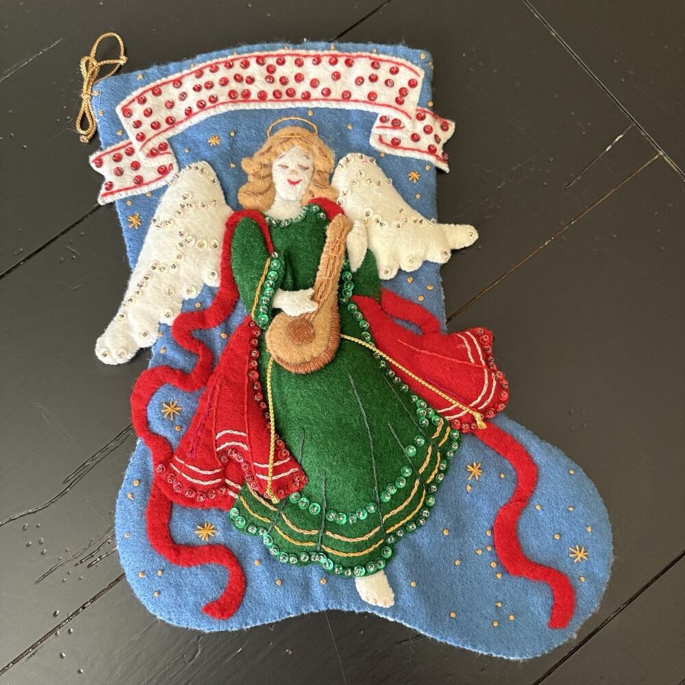 Vintage Completed Bucilla Heavenly Minstrel Angel Felt Christmas Stocking 3D